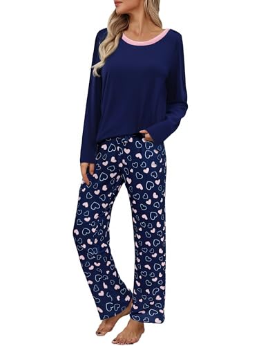Litherday Schlafanzug Damen Lang Baumwolle Pyjamas Set Zweiteiliger Langarm Nachtwäsche Sleepwear Rundhals Hausanzug Pyjamahose mit Herzmuster Dunkelblau-A M von Litherday