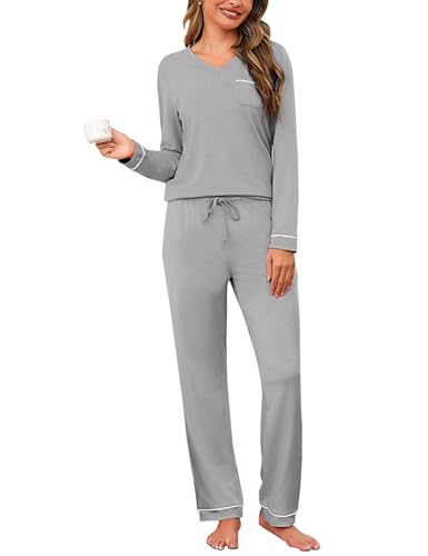Litherday Schlafanzug Damen Lang Baumwolle Winter Pyjama Set Schlafanzüge Langarm Zweiteilig Nachtwäsche Sleepwear und Pyjamahose mit Tasche Hellgrau XXL von Litherday