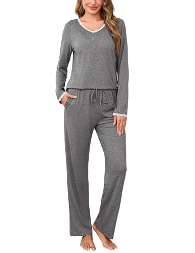 Litherday Schlafanzug Damen Lang Baumwolle Winter Pyjama Set Warm Schlafanzüge Langarm Nachtwäsche Zweiteilig Sleepwear und Pyjamahose mit Tasche von Litherday