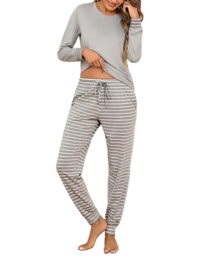 Litherday Schlafanzug Damen Lang Baumwolle Winter Pyjamas Set Langarm Loungewear Zweiteiliger Rundhals Sleepwear mit Schlafanzüge Frau Nachtwäsche von Litherday