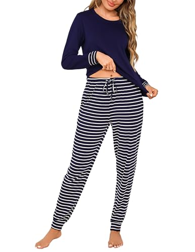 Litherday Schlafanzug Damen Lang Baumwolle Winter Pyjamas Set Langarm Loungewear Zweiteiliger Rundhals Sleepwear mit Schlafanzüge Frau Nachtwäsche von Litherday