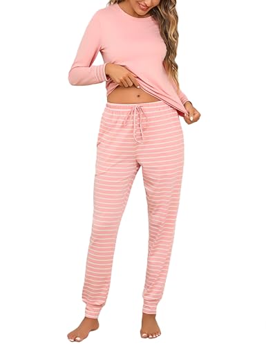 Litherday Schlafanzug Damen Lang Baumwolle Winter Pyjamas Set Langarm Loungewear Zweiteiliger Rundhals Sleepwear mit Schlafanzüge Frau Nachtwäsche von Litherday