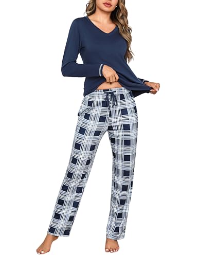 Litherday Schlafanzug Damen Lang Pyjama Baumwolle Pyjamas Set Langarm Nachtwäsche Set Zweiteiliger mit Damen Pyjamahose und Shirt Casual Elastischer Bund Sleepwear von Litherday