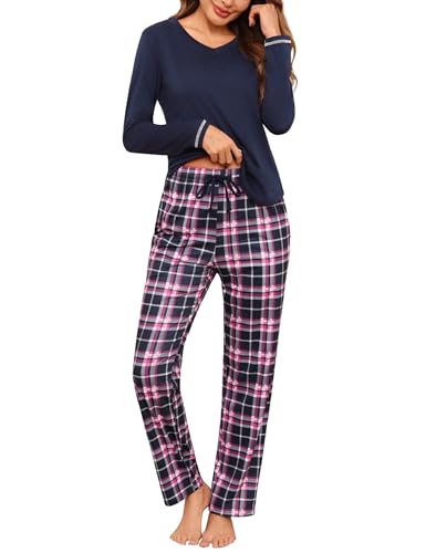 Litherday Schlafanzug Damen Lang Pyjama Baumwolle Pyjamas Set Langarm Nachtwäsche Set Zweiteiliger mit Damen Pyjamahose und Shirt Casual Elastischer Bund Sleepwear von Litherday