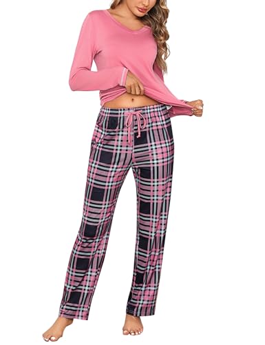 Litherday Schlafanzug Damen Lang Pyjama Baumwolle Pyjamas Set Langarm Nachtwäsche Set Zweiteiliger mit Damen Pyjamahose und Shirt Casual Elastischer Bund Sleepwear von Litherday