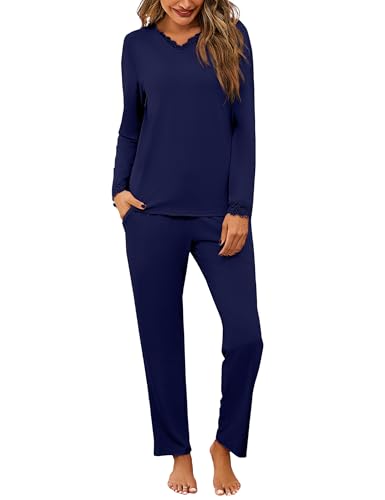 Litherday Schlafanzug Damen Lang Pyjama Set Baumwolle V-Ausschnitt Nachtwäsche Sleepwear Set Zweiteiliger mit Pyjamahose Casual Elastischer Bund von Litherday