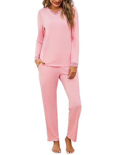 Litherday Schlafanzug Damen Lang Pyjama Set Baumwolle V-Ausschnitt Nachtwäsche Sleepwear Set Zweiteiliger mit Pyjamahose Casual Elastischer Bund von Litherday