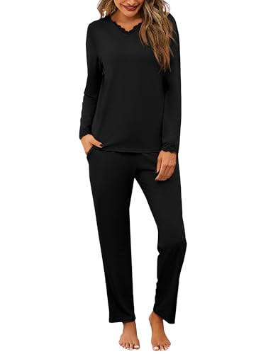 Litherday Schlafanzug Damen Lang Pyjama Set Baumwolle V-Ausschnitt Nachtwäsche Sleepwear Set Zweiteiliger mit Pyjamahose Casual Elastischer Bund von Litherday