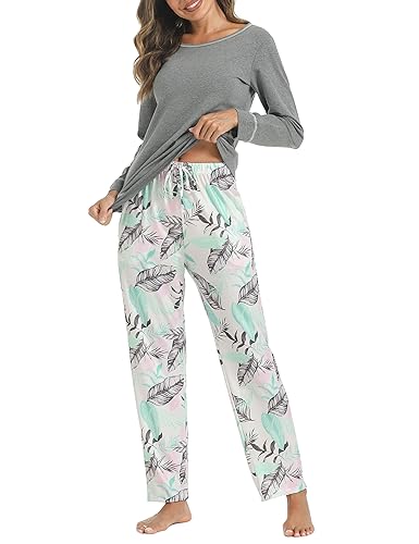 Litherday Schlafanzug Damen Lang Pyjama Set Kariert Schlafanzug Winter Sleepwear, Hellgrau, L von Litherday