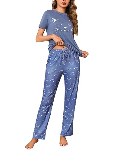 Litherday Schlafanzug Damen Lang Pyjama Set Katze Zweiteiliger Kurzarm Sleepwear Nachtwäsche aus Baumwolle mit Taschen Rundhals, Blau, S von Litherday