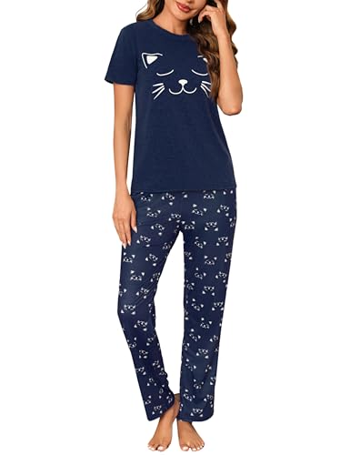 Litherday Schlafanzug Damen Lang Pyjama Set Katze Zweiteiliger Kurzarm Sleepwear Nachtwäsche aus Baumwolle mit Taschen Rundhals, Dunkelblau, L von Litherday