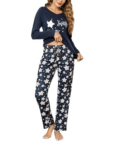 Litherday Pyjama Damen Lang Baumwolle Zweiteiliger Schlafanzüge Set mit Langarm Oberteil & Schlafanzughose Nachtwäsche Loungewear mit V-Ausschnitt Dunkelblau S von Litherday