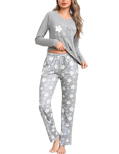 Litherday Pyjama Damen Lang Baumwolle Zweiteiliger Schlafanzüge Set mit Langarm Oberteil & Schlafanzughose Nachtwäsche Loungewear mit V-Ausschnitt Grau S von Litherday