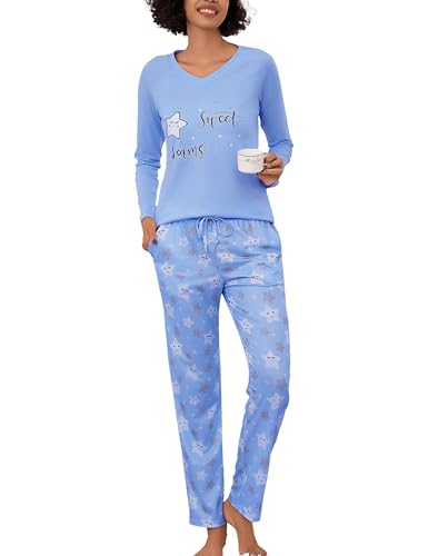 Litherday Schlafanzug Damen Lang Baumwolle Pyjama Set Winter Langarm Loungewear Nachtwäsche mit V-Ausschnitt Taschen für Teenager Mädchen Himmelblau M von Litherday