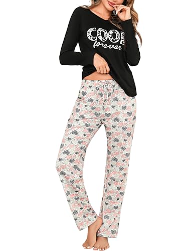 Litherday Pyjama Damen Lang Baumwolle Zweiteiliger Schlafanzüge Set mit Langarm Oberteil & Schlafanzughose Nachtwäsche Loungewear mit V-Ausschnitt Schwarz XXL von Litherday