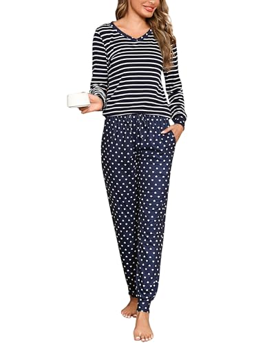Litherday Schlafanzug Damen Lang Pyjama Set Zweiteiliger Streifen Schlafanzug Winter Sleepwear Nachtwäsche Baumwolle mit Taschen Rundhals, Dunkelblau, XXL von Litherday