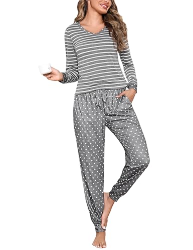 Litherday Schlafanzug Damen Lang Pyjama Set Zweiteiliger Streifen Schlafanzug Winter Sleepwear Nachtwäsche Baumwolle mit Taschen Rundhals, Dunkelgrau, XL von Litherday