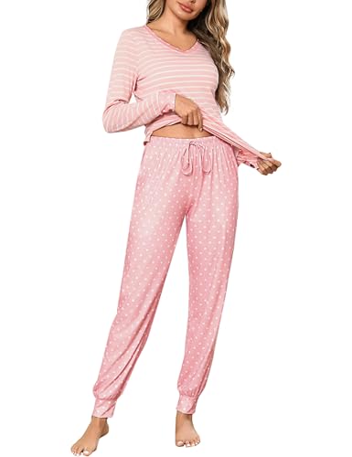 Litherday Schlafanzug Damen Lang Pyjama Set Zweiteiliger Streifen Schlafanzug Winter Sleepwear Nachtwäsche Baumwolle mit Taschen Rundhals, Rosa, S von Litherday