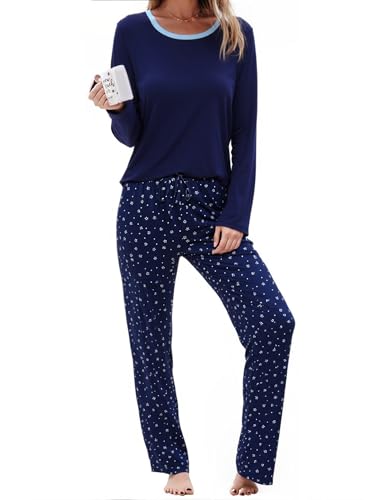 Litherday Schlafanzug Damen Lang Winter Pyjamas Set Baumwolle Zweiteiliger Langarm Nachtwäsche Rundhals Sleepwear Hausanzug Pyjamahose mit Herzmuster Dunkelblau-B M von Litherday