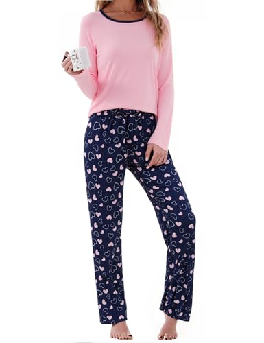 Litherday Schlafanzug Damen Lange Pyjama Set Langarm Set Baumwolle Schlafhose Drucken Winter Rundhals Nachtwäsche Loungewear mit Tasche Rosa-A XXL von Litherday