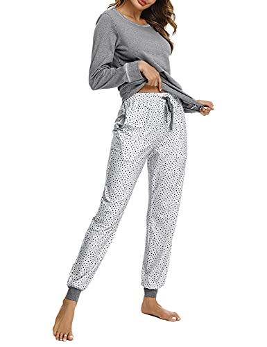 Litherday Schlafanzug Damen Lang Pyjama Baumwolle Nachtwäsche Winter Pyjama Set mit Sternenmuster Zweiteiliger mit Rundhals Sleepwear von Litherday
