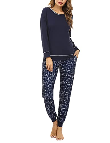 Litherday Schlafanzug Damen Pyjama Lang Baumwolle Nachtwäsche Winter Pyjama Set Star Zweiteiliger mit Rundhals Sleepwear, Dunkelblau, S von Litherday