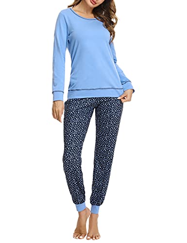 Litherday Schlafanzug Damen Lang Pyjama Baumwolle Nachtwäsche Winter Pyjama Set mit Sternenmuster Zweiteiliger mit Rundhals Sleepwear von Litherday