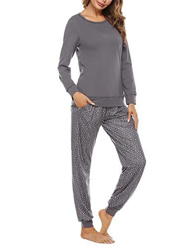 Litherday Schlafanzug Damen Lang Pyjama Baumwolle Nachtwäsche Winter Pyjama Set mit Sternenmuster Zweiteiliger mit Rundhals Sleepwear von Litherday