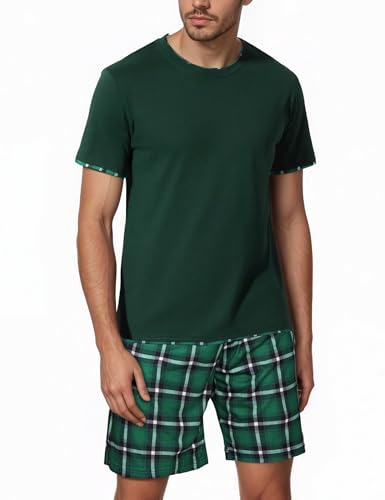 Litherday Schlafanzug Herren Baumwolle Kurz Pyjamaset Sommer Shorty Nachtwäsche O-Ausschnitt Zweiteilige Schlafanzüge Nachtwäsche Shorty Schlafanzug Nightwear Set mit Karierter Hose von Litherday