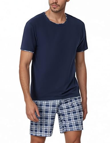 Litherday Schlafanzug Herren Baumwolle Kurz Pyjamaset Sommer Shorty Nachtwäsche O-Ausschnitt Zweiteilige Schlafanzüge Nachtwäsche Shorty Schlafanzug Nightwear Set mit Karierter Hose von Litherday