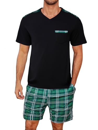 Litherday Schlafanzug Herren Kurz Sommer Pyjamas Set Kurzarm Shorty Baumwolle V-Ausschnitt Nachtwäsche Kariert Schlafanzüge Männer Loungewear Grün 3XL von Litherday