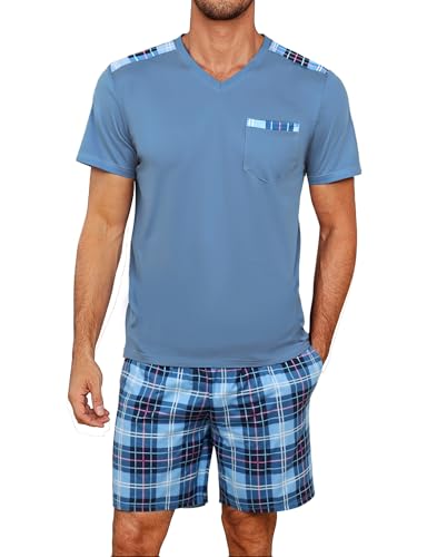 Litherday Schlafanzug Herren Kurz Sommer Baumwolle Shorty Pyjama Set Zweiteiliger Kurzarm Nachtwäsche T-Shirt Kariert Schlafanzughose Männer Blau L von Litherday