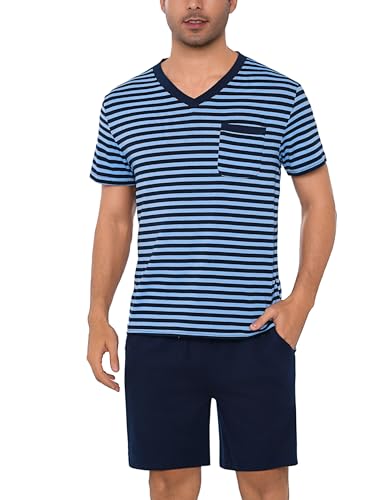 Litherday Schlafanzug Herren Kurz Baumwolle Shorty Pyjamas Set Sommer V-Ausschnitt T-Shirt und Shorty Schlafanzughose Zweiteiliger Nachtwäsche Set für Männer von Litherday