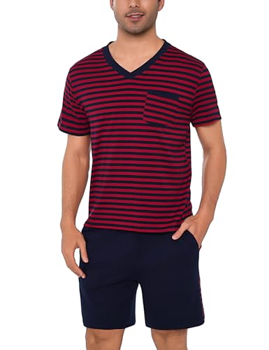 Litherday Schlafanzug Herren Kurz Baumwolle Shorty Pyjamas Set Sommer V-Ausschnitt T-Shirt und Shorty Schlafanzughose Zweiteiliger Nachtwäsche Set für Männer von Litherday