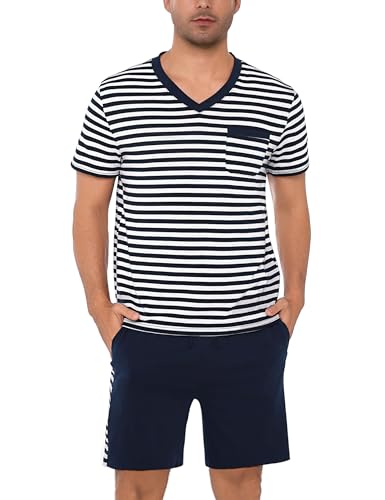Litherday Schlafanzug Herren Kurz Baumwolle Shorty Pyjamas Set Sommer V-Ausschnitt T-Shirt und Shorty Schlafanzughose Zweiteiliger Nachtwäsche Set für Männer von Litherday