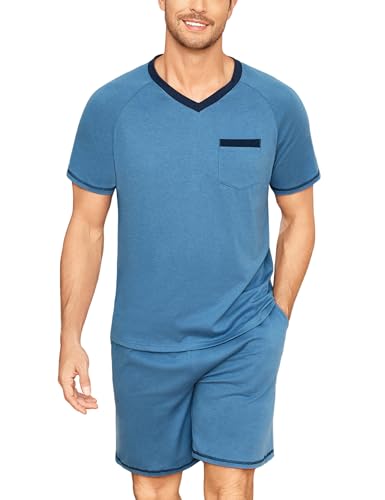 Litherday Schlafanzug Herren Kurz Baumwolle Shorty Pyjama Set Sommer V-Ausschnitt Kurzarm Zweiteiliger Nachtwäsche for Männer Blau S von Litherday