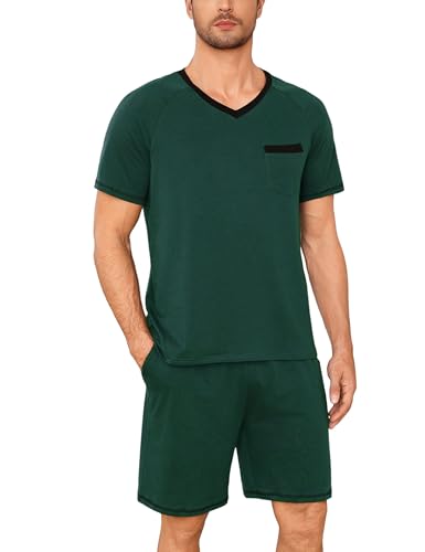 Litherday Schlafanzug Herren Kurz Baumwolle Shorty Pyjama Set Sommer V-Ausschnitt Kurzarm Zweiteiliger Nachtwäsche for Männer Dunkelgrün XL von Litherday