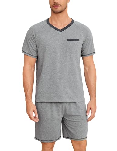 Litherday Schlafanzug Herren Kurz Baumwolle Shorty Pyjama Set Sommer V-Ausschnitt Kurzarm Zweiteiliger Nachtwäsche for Männer Grau L von Litherday