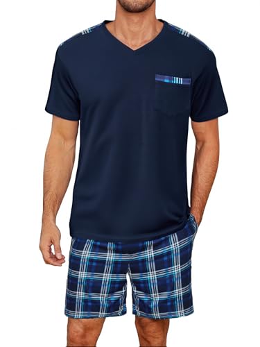 Litherday Schlafanzug Herren Kurz Baumwolle Sommer Pyjamas Set Zweiteiliger Kurzarm mit Taschen Karierter Nachtwäsche Sleepwear für Männer Dunkelblau S von Litherday