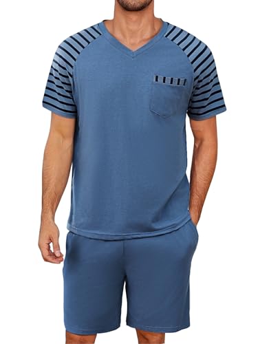 Litherday Schlafanzug Herren Kurz Shorty Sommer Baumwolle Pyjama Set Zweiteiliger Kurzarm Nachtwäsche T-Shirt Schlafanzughose Männer Blau XXL von Litherday