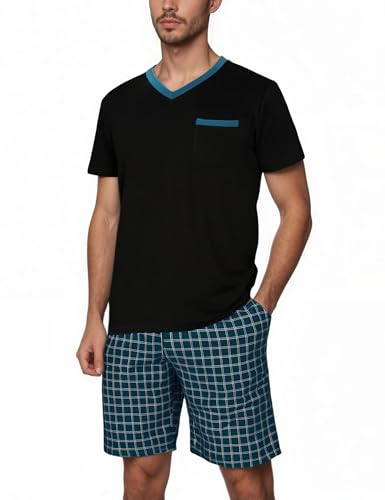 Litherday Schlafanzug Herren Kurz Kariert Pyjama Set Zweiteiler Nachtwäsche V-Ausschnitt Pyjamahose Schlafanzüge für Männer Schwarz XL von Litherday