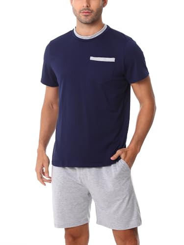 Litherday Schlafanzug Herren Kurz Shorty Pyjamas Baumwolle Kurzarm Pyjamas Set Manner Sommer Zweiteiliger Nachtwäsche mit Pyjamahose Shirt Rundhals Elastischer Bund Taschen von Litherday