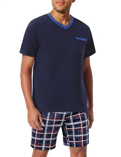 Litherday Schlafanzug Herren Kurz Sommer Baumwolle Pyjamas Set V-Ausschnitt T-Shirt mit Tasche Kariert Pyjamahose Zweiteilig Set Nachtwäsche für Männer von Litherday