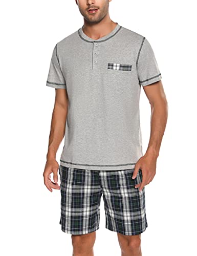 Litherday Schlafanzug Herren Kurz Pyjama Zweiteiliger Kurzarm Nachtwäsche aus 100% Baumwolle Shorty Pyjamas Set Sommer Sleepwear, Grau, S von Litherday