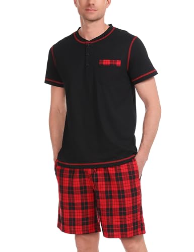 Litherday Schlafanzug Herren Kurz Pyjama Zweiteiliger Kurzarm Nachtwäsche aus 100% Baumwolle Pyjamas Set Sommer Sleepwear, Schwarz+Rot, XL von Litherday