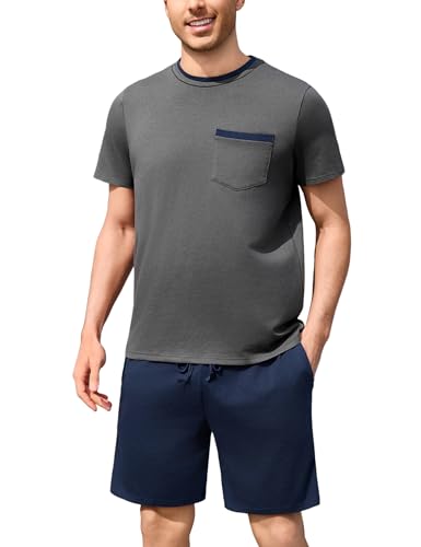 Litherday Schlafanzug Herren Kurz Shorty Pyjamas Baumwolle Kurzarm Pyjamas Set Manner Sommer Zweiteiliger Nachtwäsche mit Pyjamahose Shirt Rundhals Elastischer Bund Taschen von Litherday