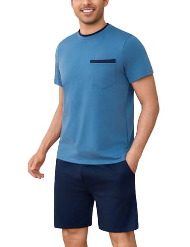Litherday Schlafanzug Herren Kurz Shorty Pyjamas Baumwolle Kurzarm Pyjamas Set Manner Sommer Zweiteiliger Nachtwäsche mit Pyjamahose Shirt Rundhals Elastischer Bund Taschen von Litherday
