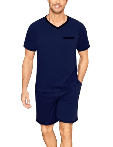 Litherday Schlafanzug Herren Kurz Baumwolle Shorty Pyjama Set Sommer V-Ausschnitt Kurzarm Zweiteiliger Nachtwäsche for Männer Marineblau S von Litherday