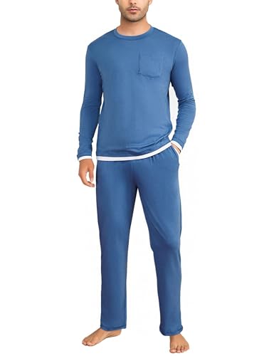 Litherday Schlafanzug Herren Lang Baumwolle Pyjama Set Winter Pyjamas Zweiteiliger Langarm mit Tasche schlafen und Pyjamahose Loungewear für Männer von Litherday