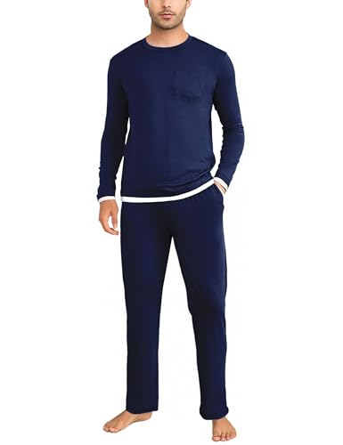 Litherday Schlafanzug Herren Lang Baumwolle Pyjama Set Winter Pyjamas Zweiteiliger Langarm mit Tasche schlafen und Pyjamahose Loungewear für Männer von Litherday